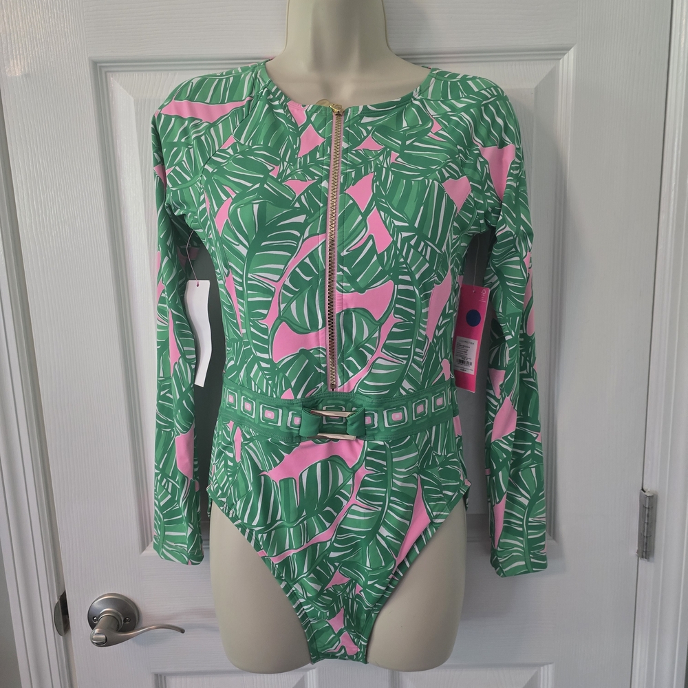 Lilly Pulitzer Green and Pink Leaf Print One Piece Swimsuit